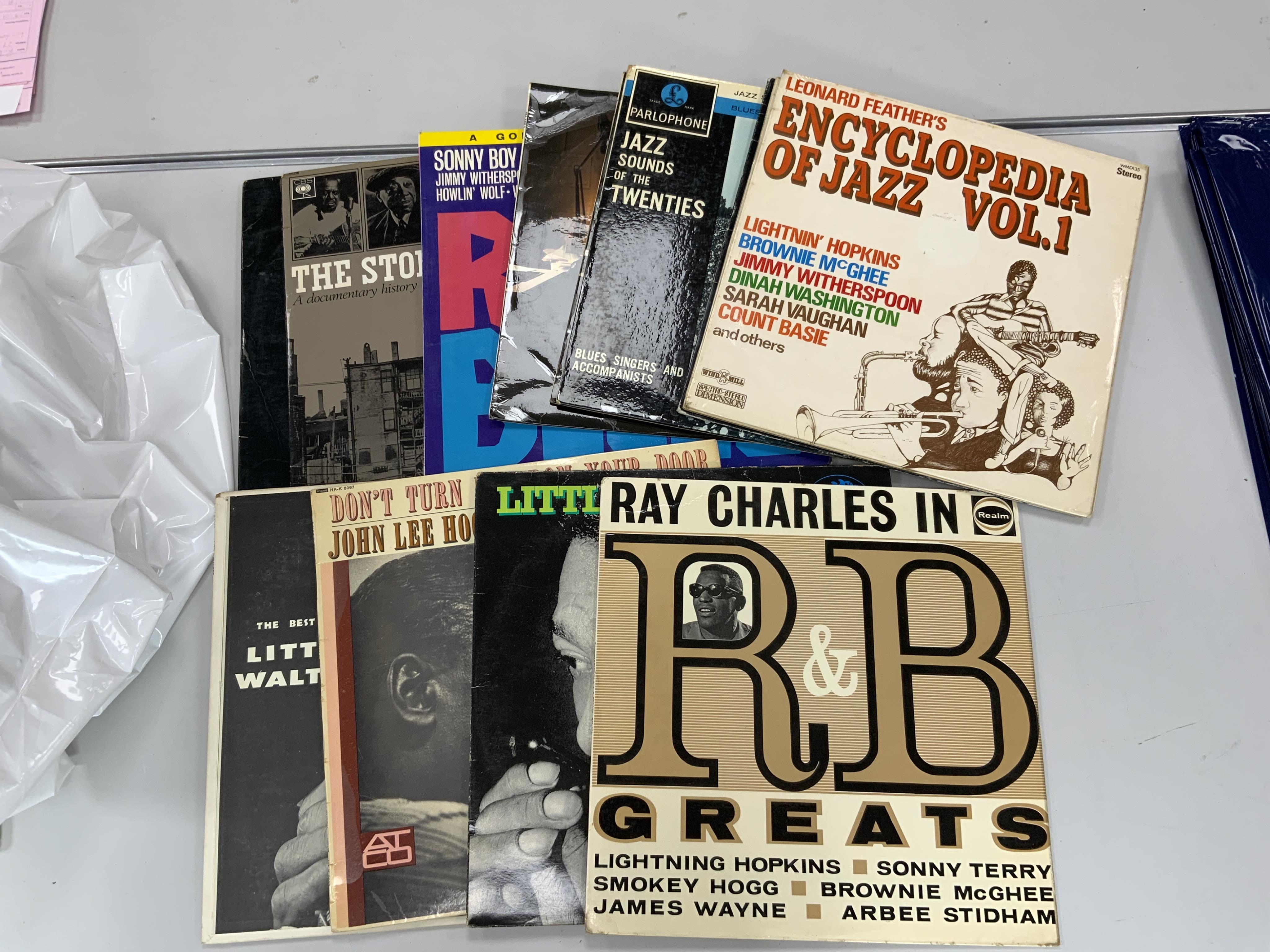 Thirty-six blues and jazz LP record albums on EMI, Chess, CBS, Parlophone, etc. Artists including; Bo Diddley, Muddy Waters, Josh White, John Lee Hooker, etc. including some compilation albums. Condition - fair to good